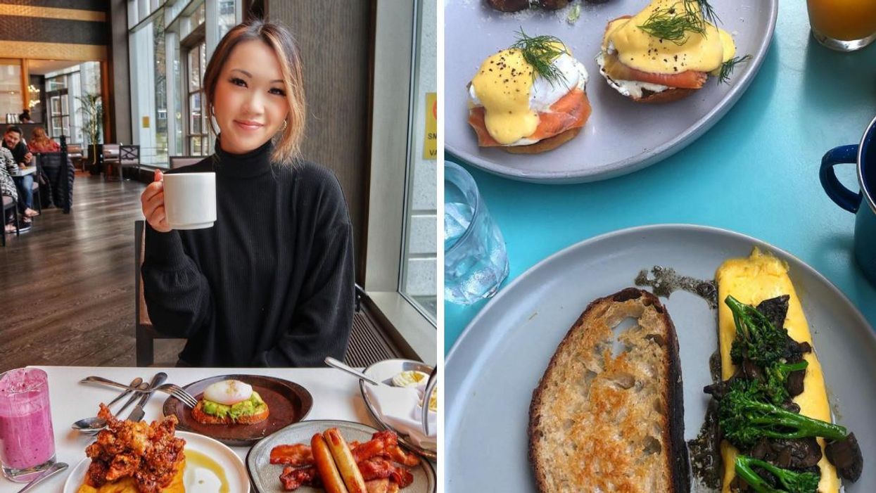 A woman at a brunch restaurant. Right: brunch dishes.