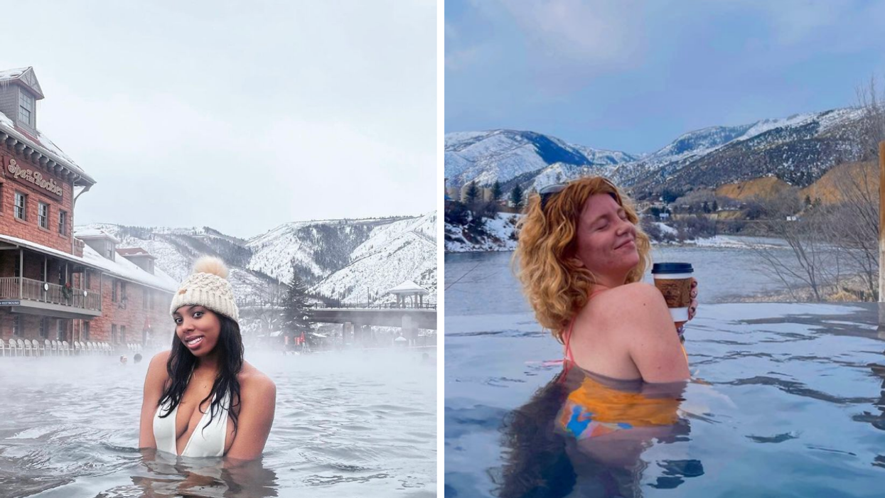 A woman at a Colorado hot spring. Right: A woman holding a drink at a Colorado hot spring.