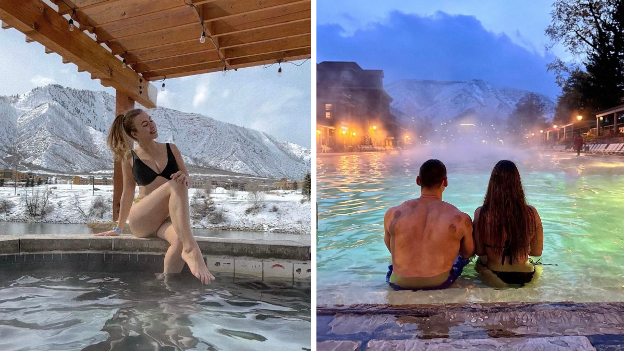 A woman at a hot spring in Colorado. Right: A couple at a hot spring in Colorado.