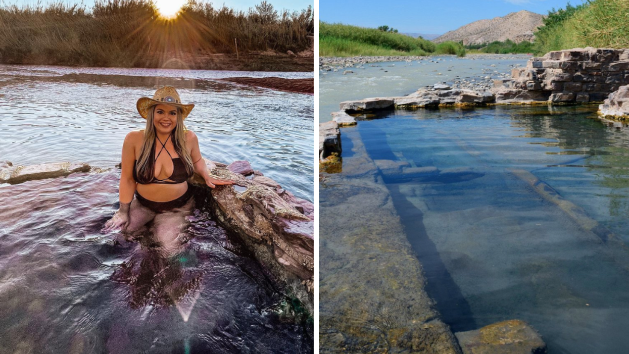 A woman at a hot springs in Texas. Right: The hot springs inside Big Bend National Park.