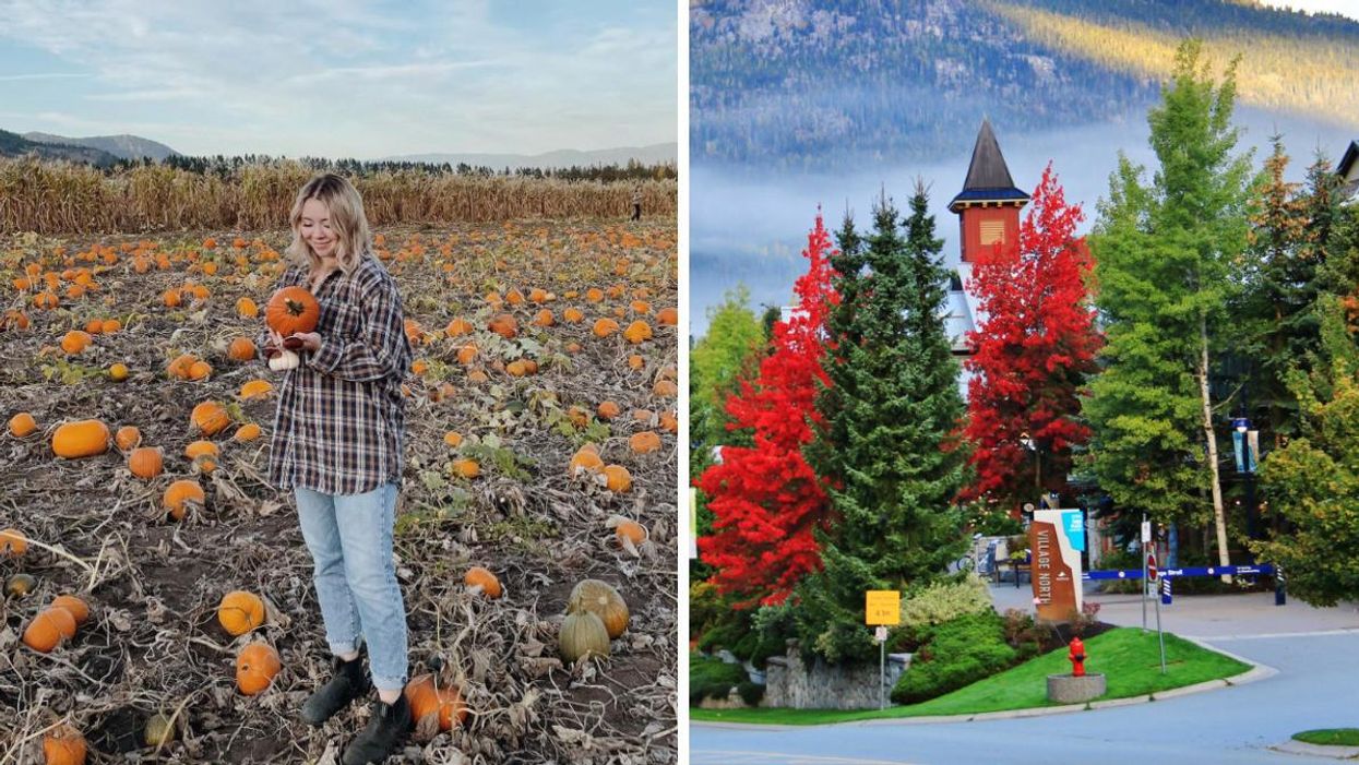 A woman at a pumpkin patch in Armstrong, B.C. Right: Whistler B.C.