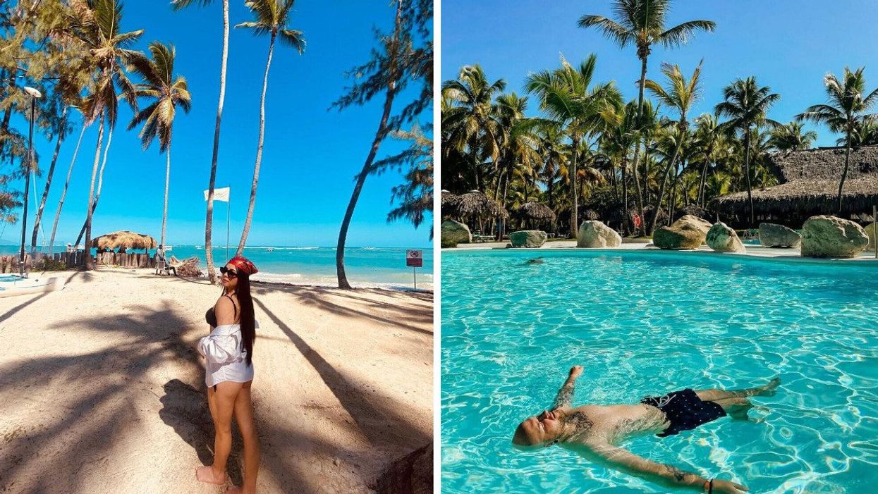 A woman at a resort in Punta Cana. Right: A person floats in the water at a resort in Puerto Plata.