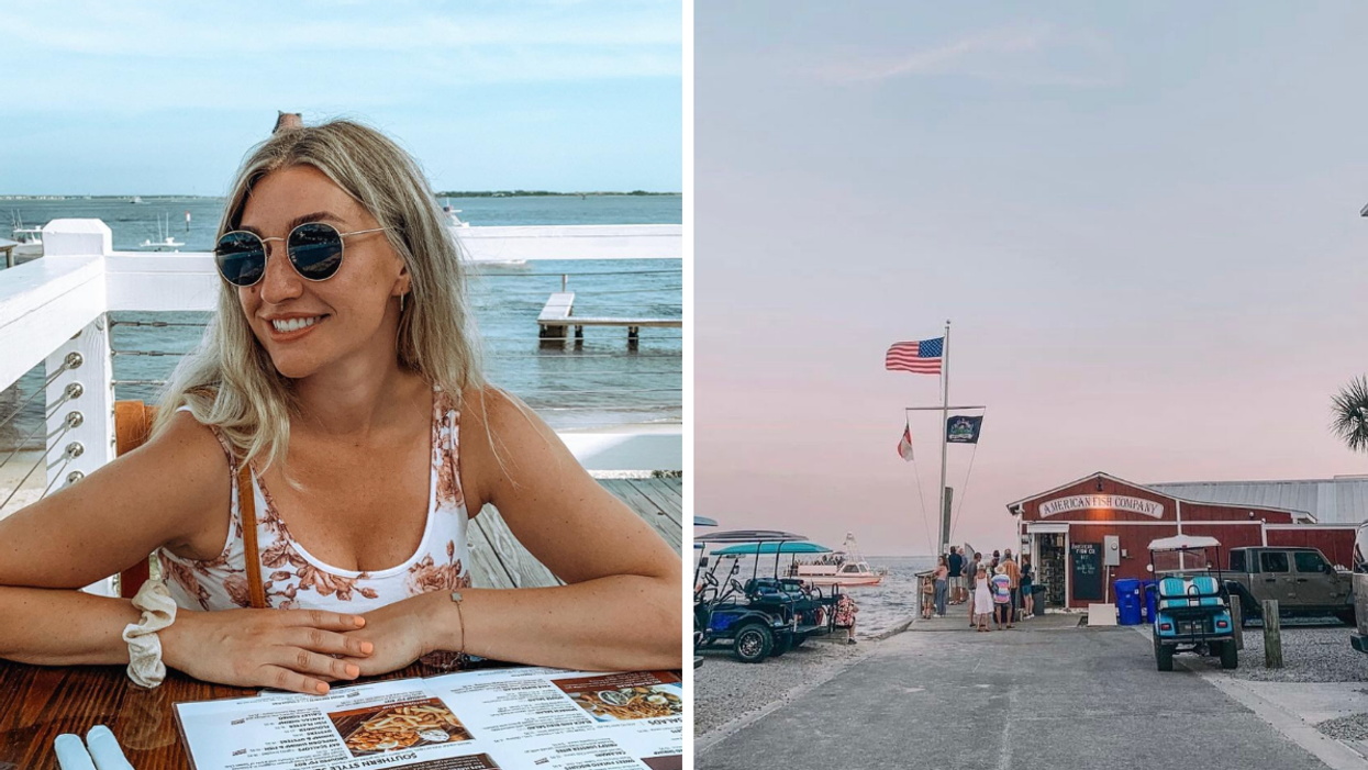 A woman at a restaurant. Right: The exterior of the American Fishing Company in Southport. NC.