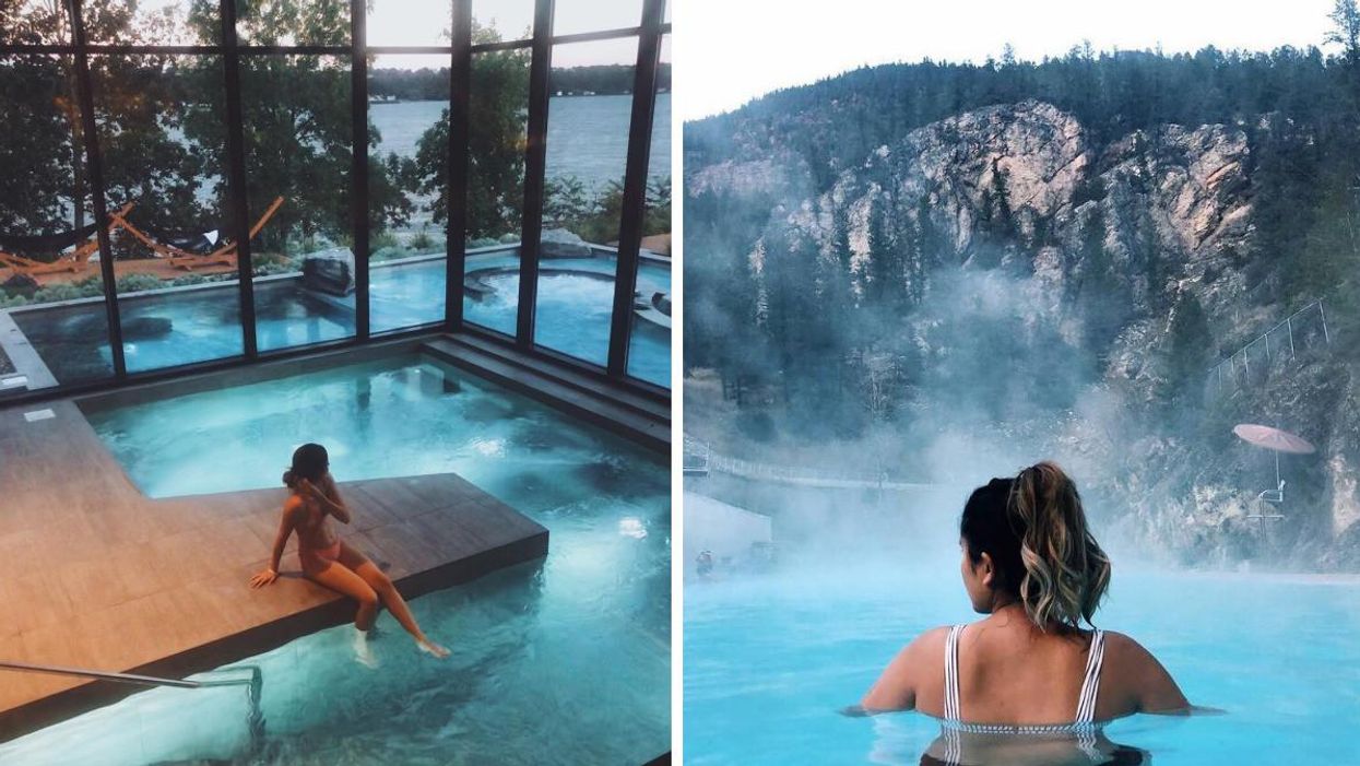 A woman at a spa in Quebec. Right: A woman soaks in a hot spring in BC.