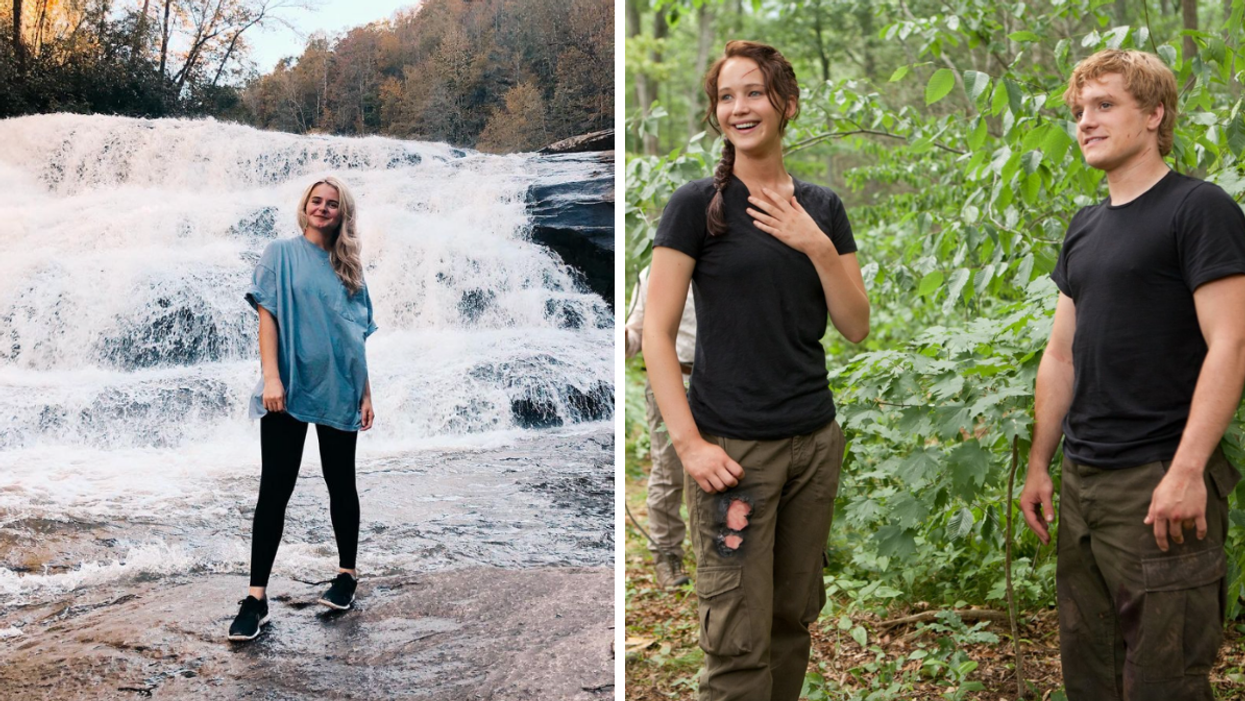 A woman at a waterfall in North Carolina. Right: Jennifer Lawrence and Josh Hutcherson on the set of 'The Hunger Games'.