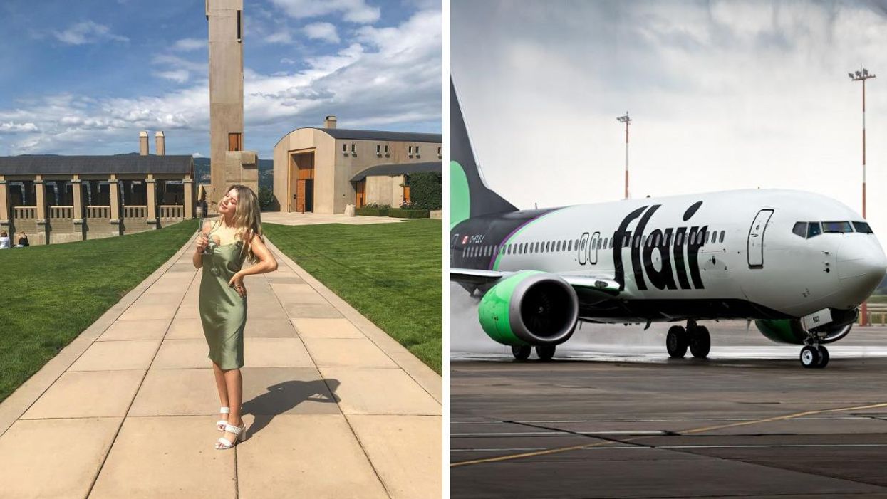 A woman at a winery in Kelowna. Right: Flair Airlines.