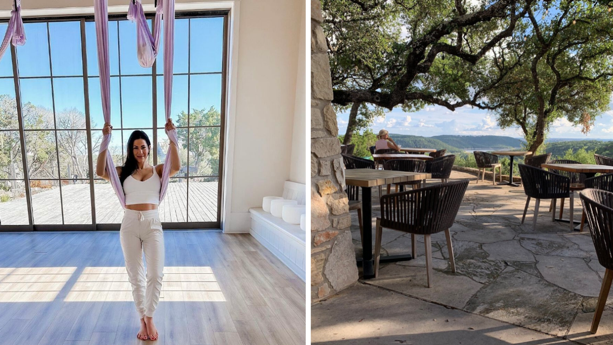 A woman at a yoga class at Miraval Austin. Right: A patio area at Miraval Austin.