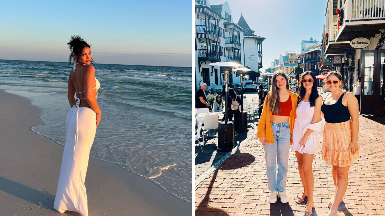A woman at Alys Beach. Right: A group of women at Rosemary Beach.