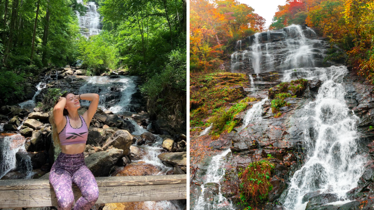 A woman at Amicalola Falls. Right: Amicalola Falls.