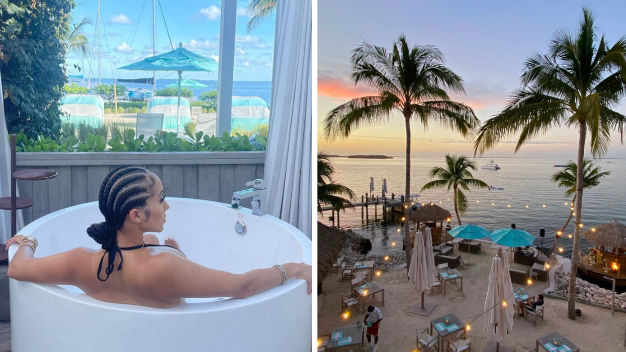 A woman at an all-inclusive Florida resort. Right: An all-inclusive Florida resort.