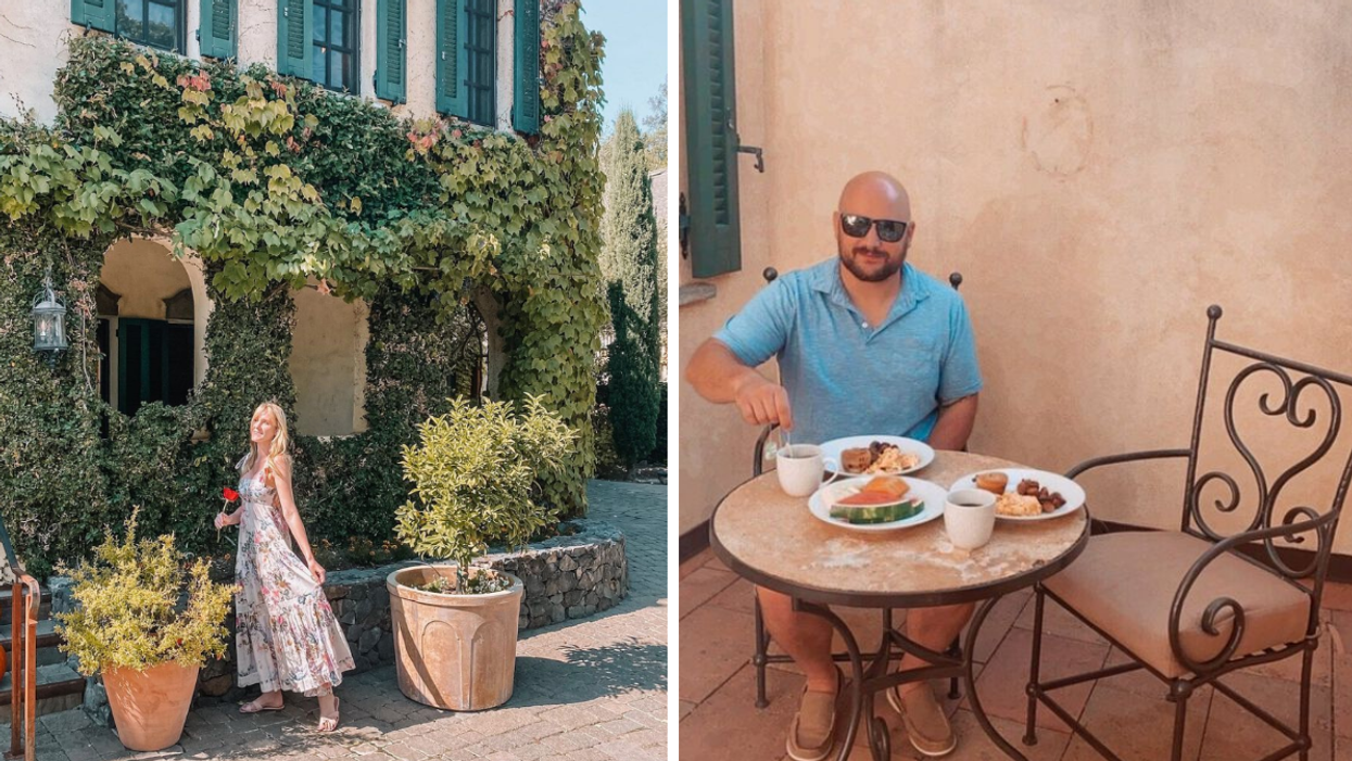 A woman at an all-inclusive resort in California. Right: A man at an all-inclusive resort in California.