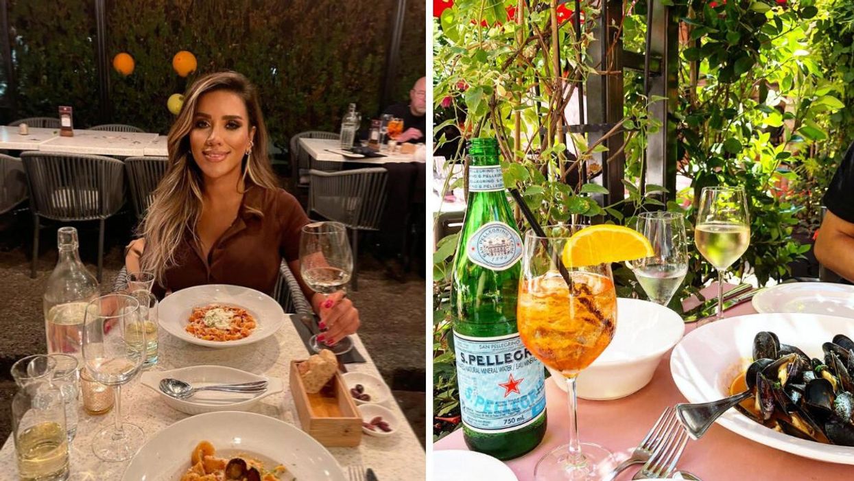 A woman at an Italian restaurant in Vancouver. Right: Italian restaurant in Vancouver.