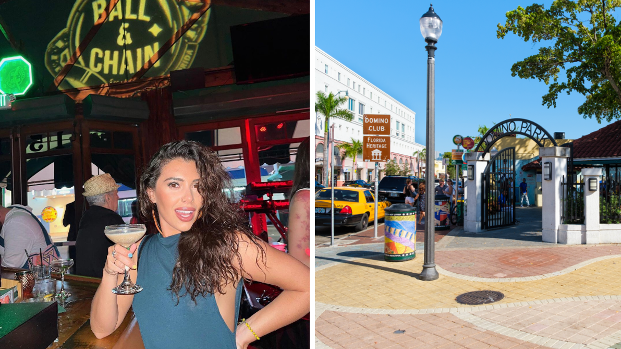 A woman at Ball & Chain in Miami. Right: Domino Park in Little Havana.