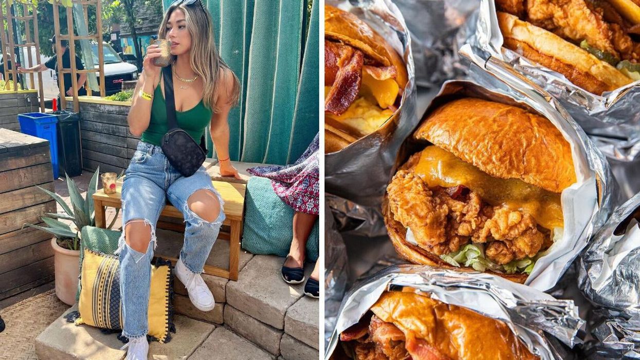 A woman at Big Star Chicago. Right: Burgers from Do-Rite Donuts & Chicken.