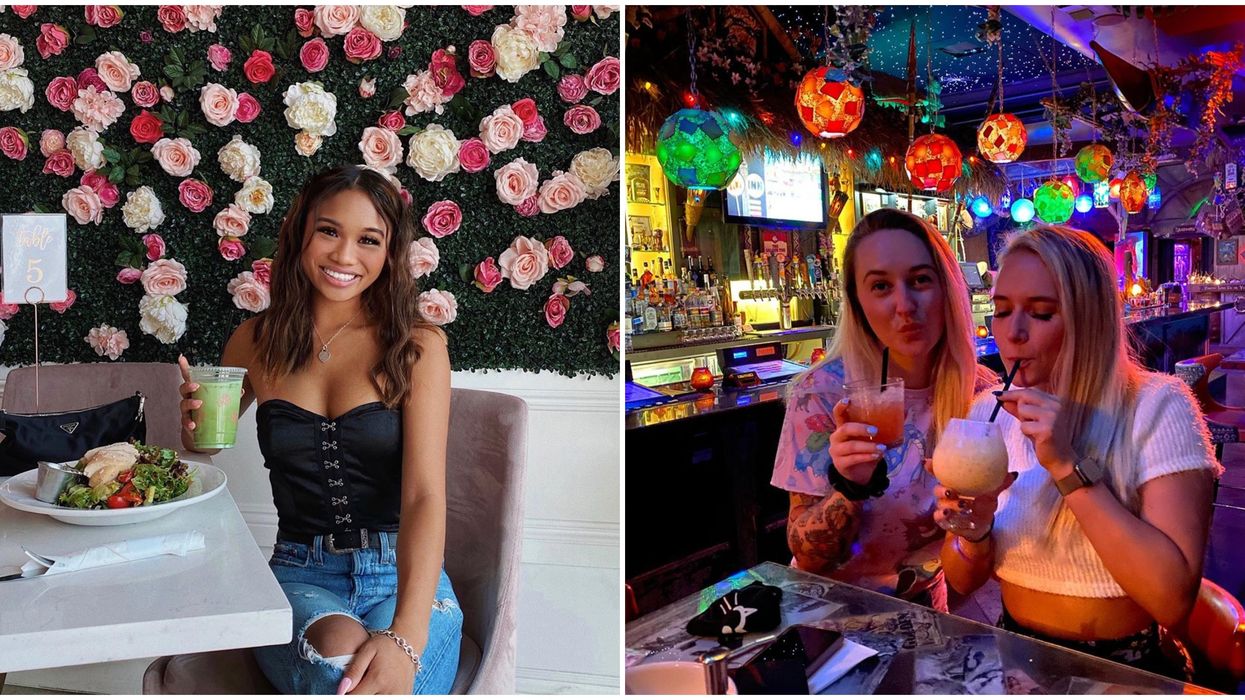 A woman at Café Lola. Right: Two women at the Golden Tiki.