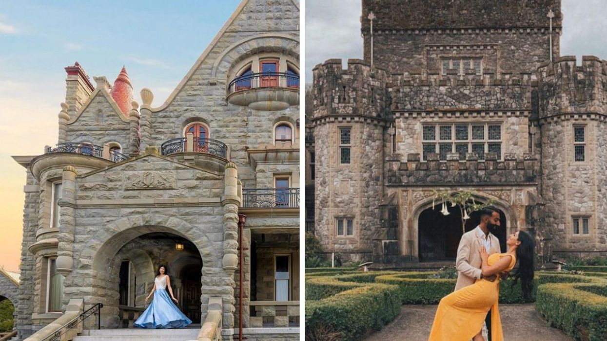 A woman at Craigdarroch Castle. Right: A couple at Hatley Castle.