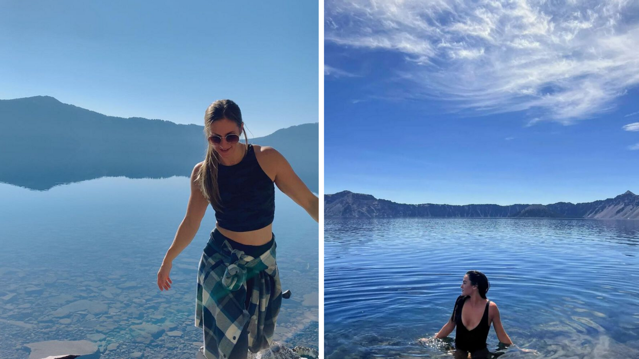 A woman at Crater Lake. Right: A woman swimming in Crater Lake.