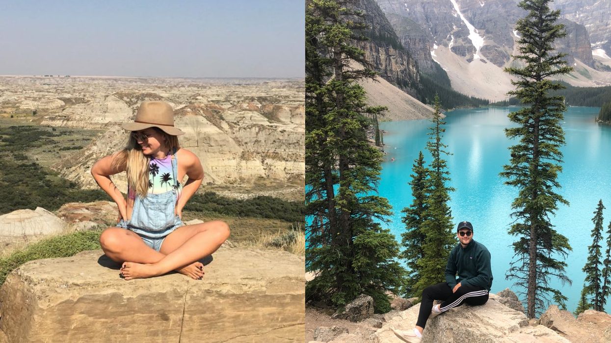 A woman at Dinosaur National Park. Right: A man at Moraine Lake.