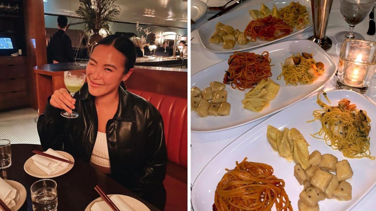 A woman at Kissa Tanto. Right: Cioppino's dishes.