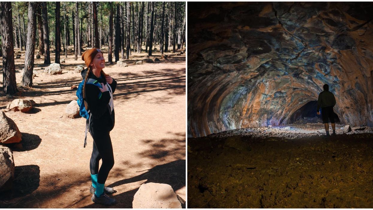 A woman at Lava River Cave. Right: The interior of the cave.