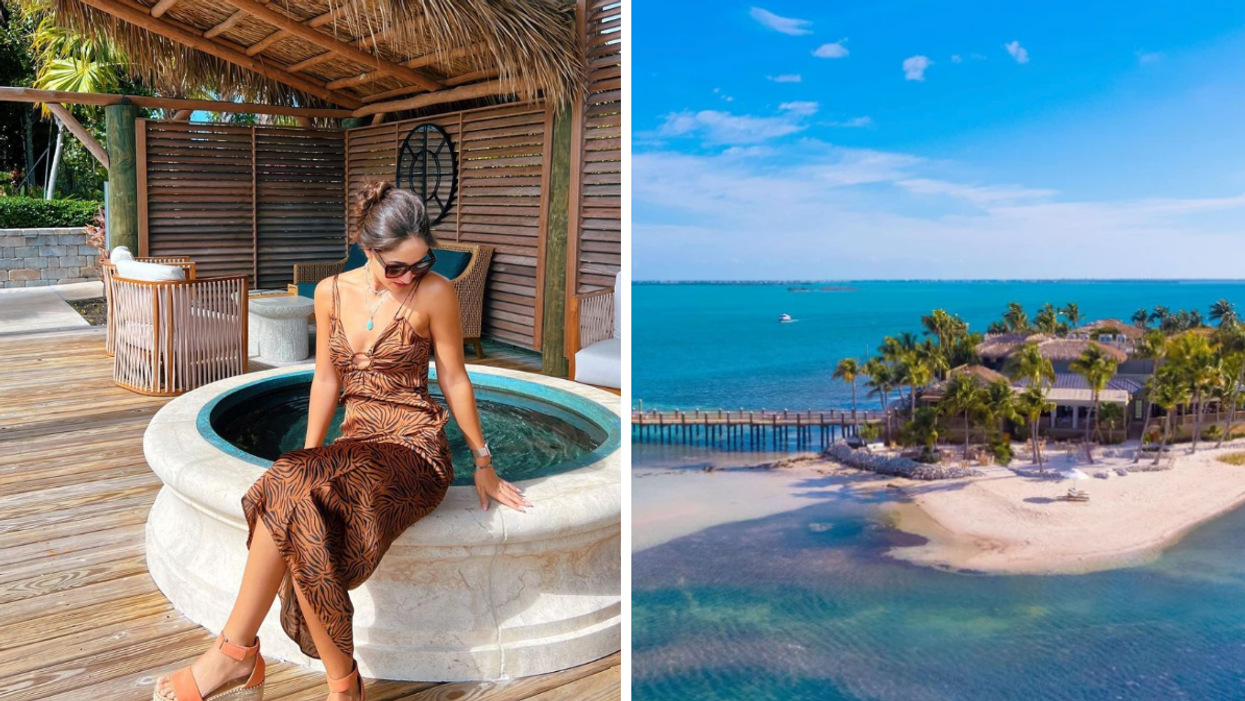 A woman at Little Palm Island Resort. Right: A birds-eye view of Little Palm Island.