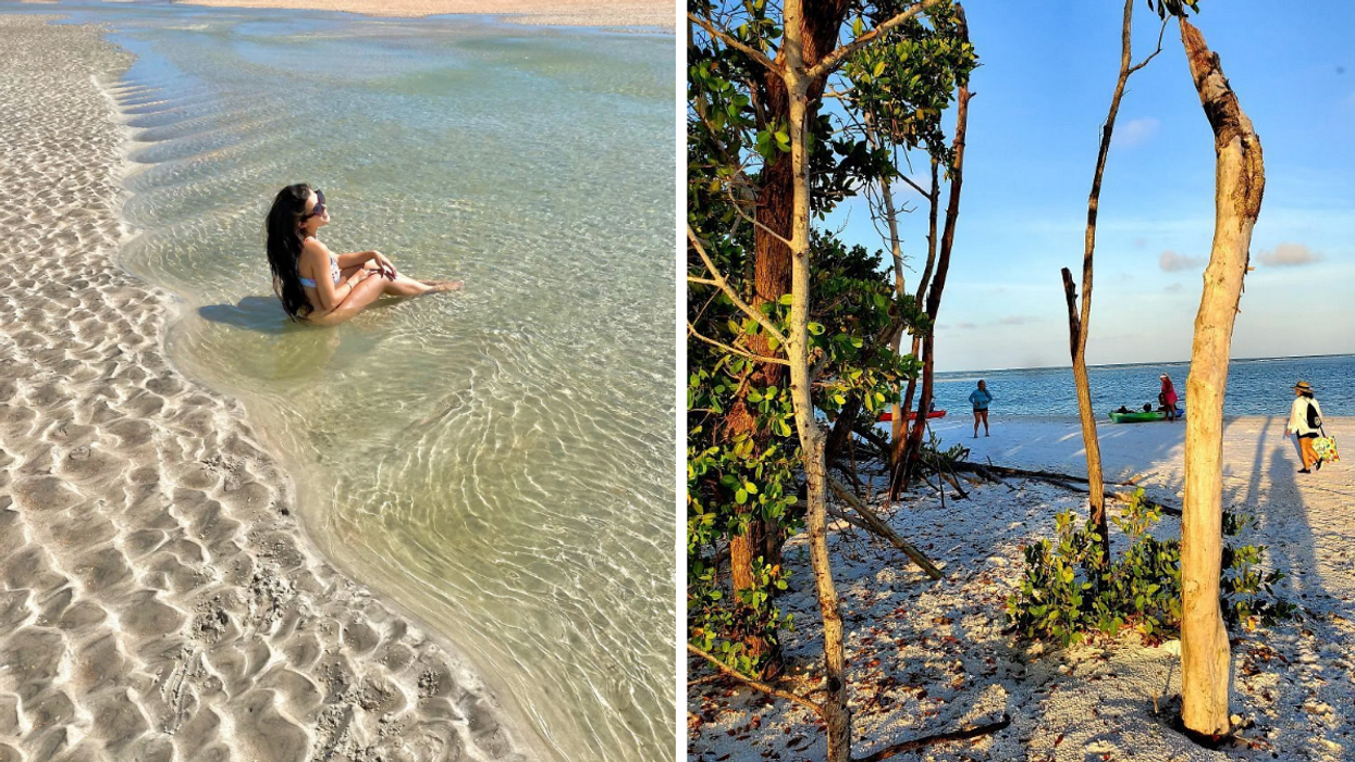 A woman at Matanzas Inlet. Right: A view of Marco Island between the trees.