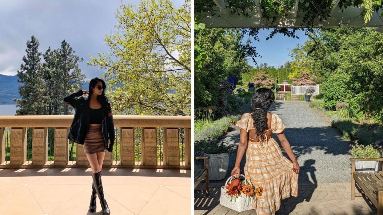 A woman at Mission Hill Winery. Right: A woman at Tuscan Farm Gardens.
