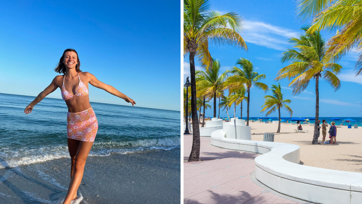 A woman at Naples Beach. Right: The landscape of Fort Lauderdale Beach.
