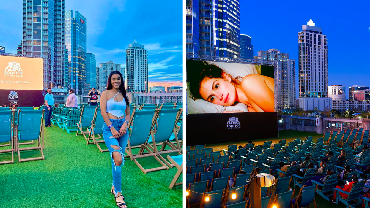 A woman at Rooftop Cinema Club in Houston, TX. Right: A scene from 'Pretty Woman' plays on the screen at Houston's Rooftop Cinema Club.