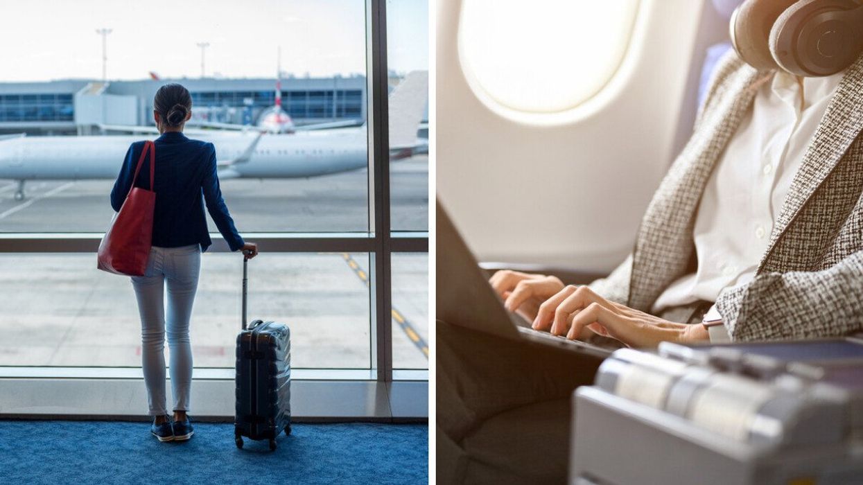 A woman at the airport. Right: A woman working on her laptop during a flight.