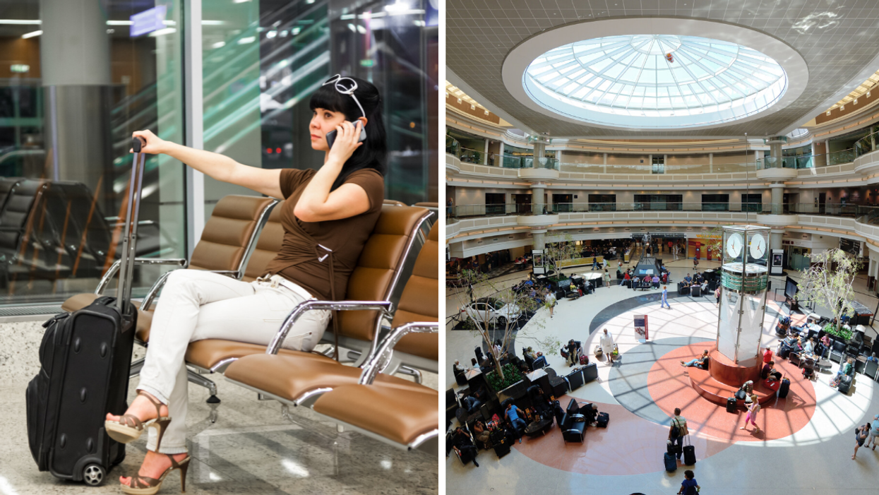 A woman at the airport. Right: Hartsfield-Jackson Atlanta International Airport.