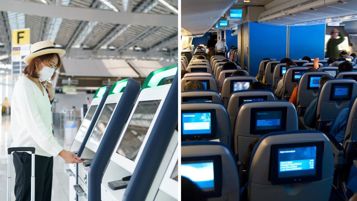 A woman at the airport. Right: The inside of an airplane.