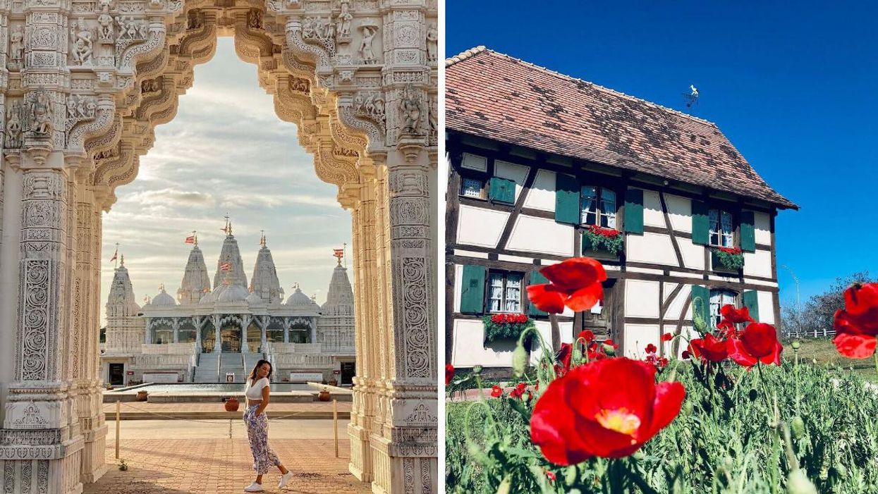 A woman at the BAPS Shri Swaminarayan Mandir in Houston, TX. Right: The Alsatian Steinbach Haus in Castroville, TX.