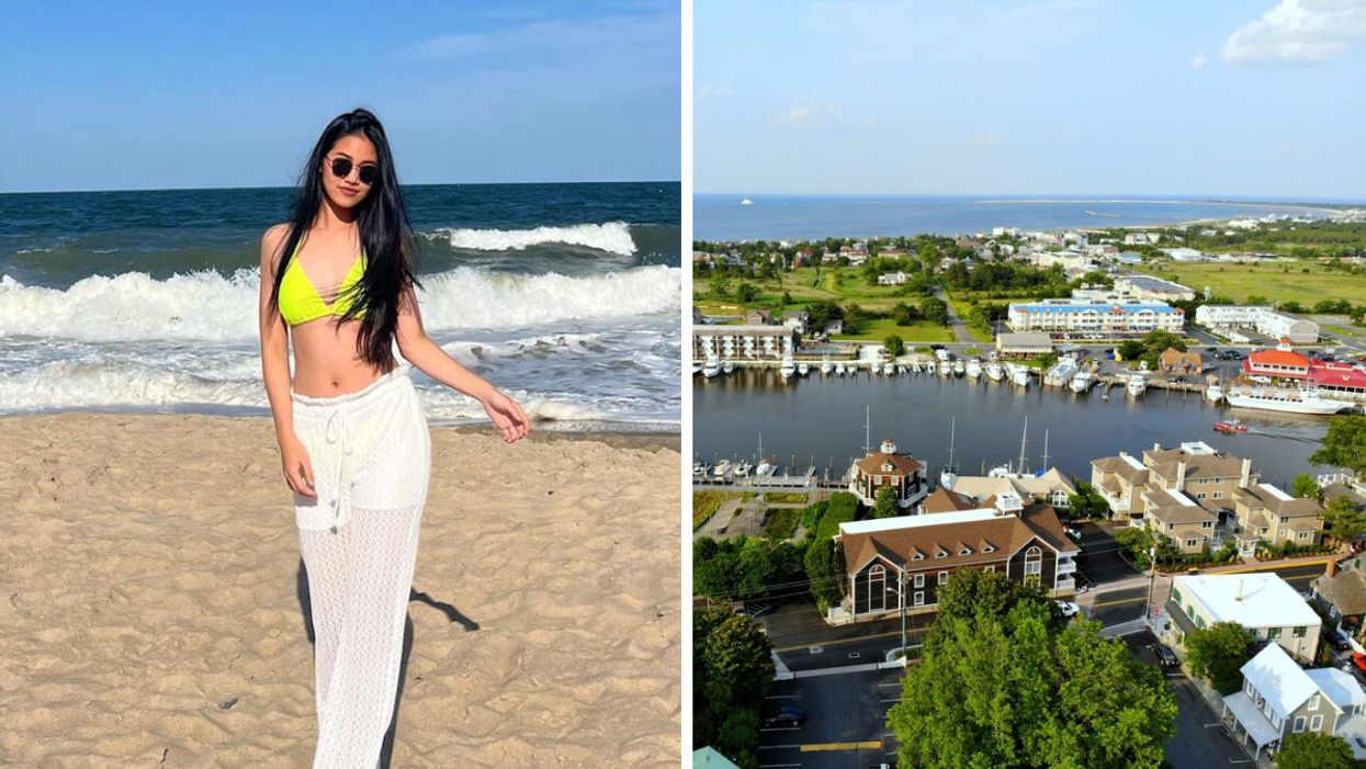 A woman at the beach in Delaware. Right: Lewes beach town in Delaware.