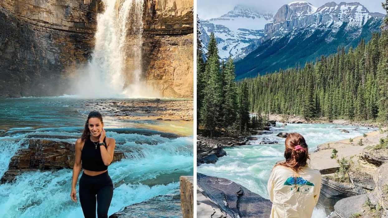 A woman at the bottom of Crescent Falls. Right: A woman at Mistaya Canyon.