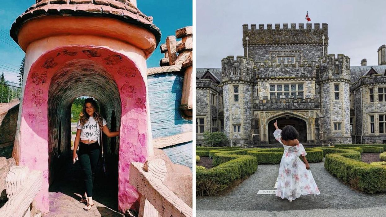 A woman at the Coombs Market. Right: A woman walking to Hatley Castle in Colwood.