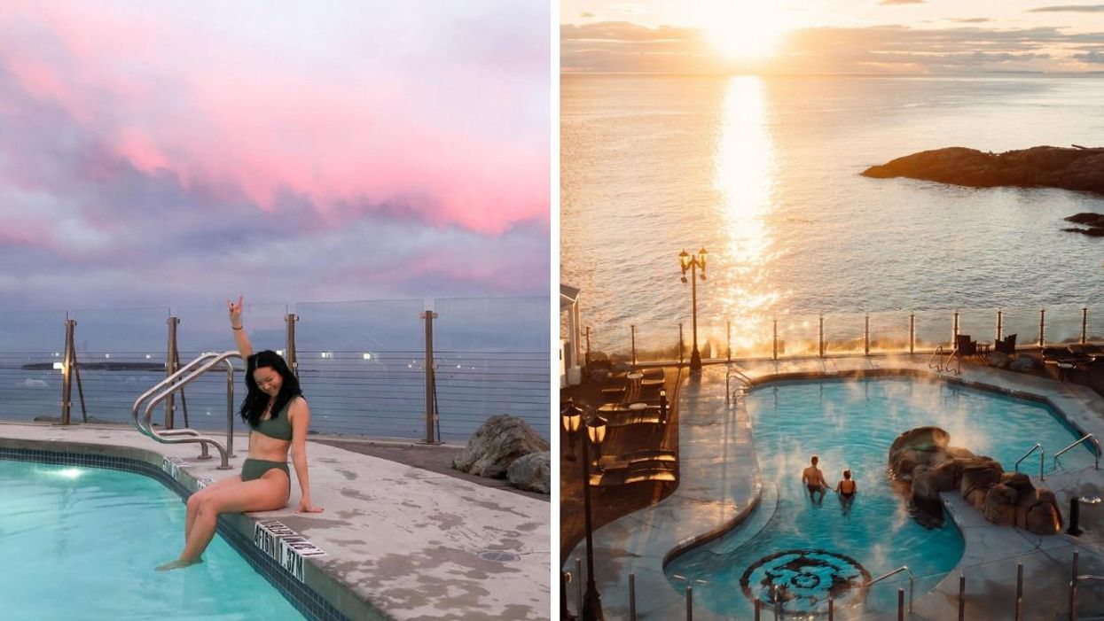 A woman at the Oak Bay Beach Hotel pool. Right: Ocean views from the Oak Bay Beach Hotel.