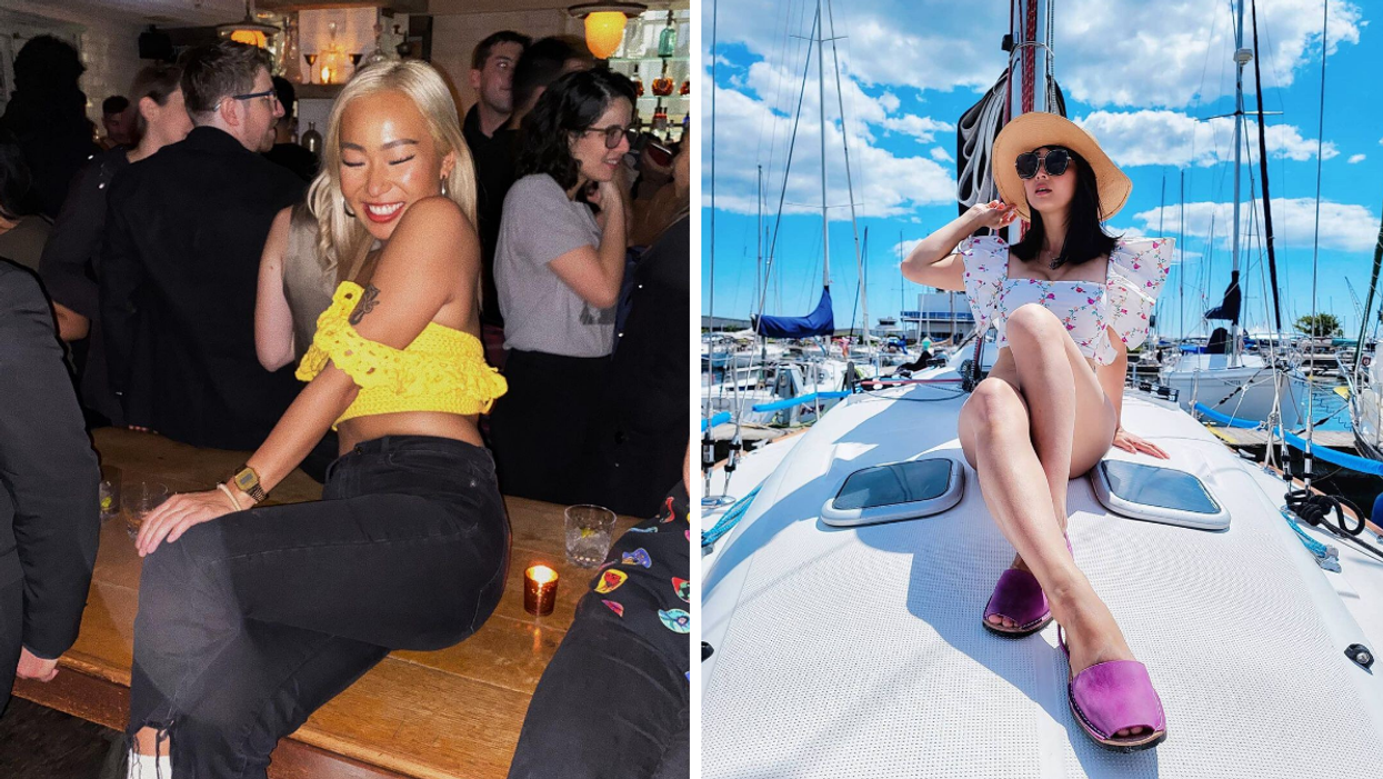 A woman at the Soho House in Toronto, Right: Someone sitting on a boat at the National Yacht Club in Toronto.