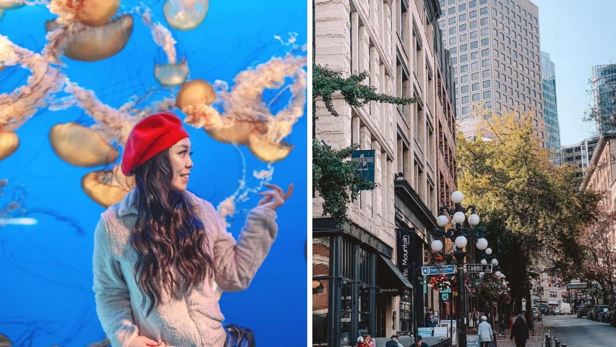 A woman at the Vancouver Aquarium. Right: Downtown Vancouver.
