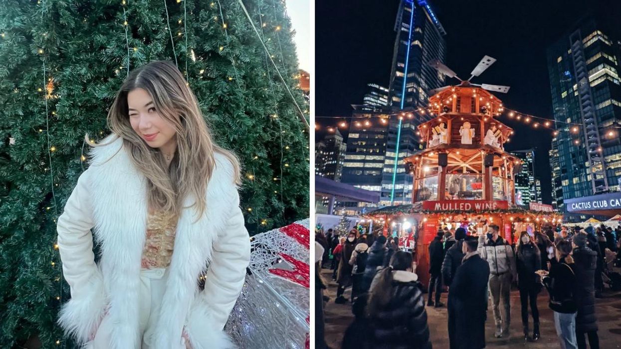 A woman at the Vancouver Christmas Market. Right: The Vancouver Christmas Market.