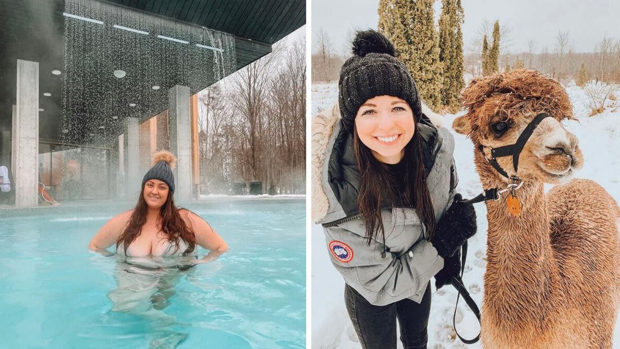 A woman at Vettä Nordic Spa in Ontario. Right: A woman walking with an alpaca.