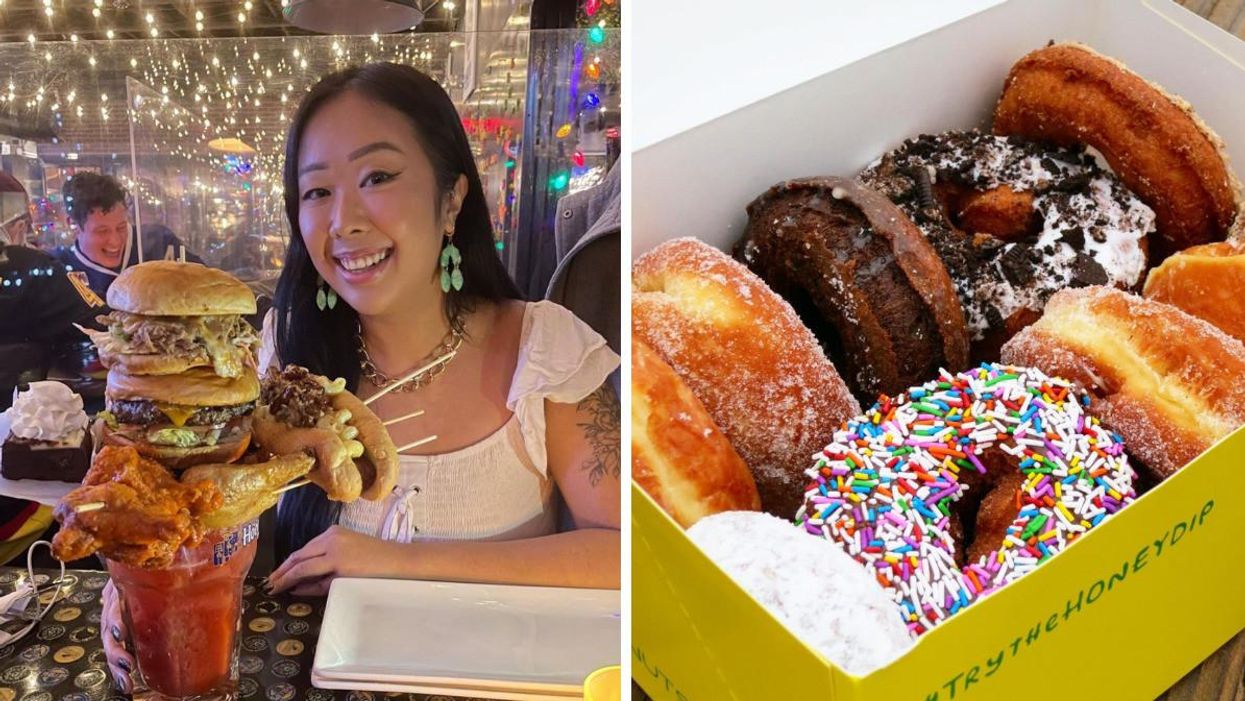 A woman behind a giant caesar. Right: Lee's donuts.
