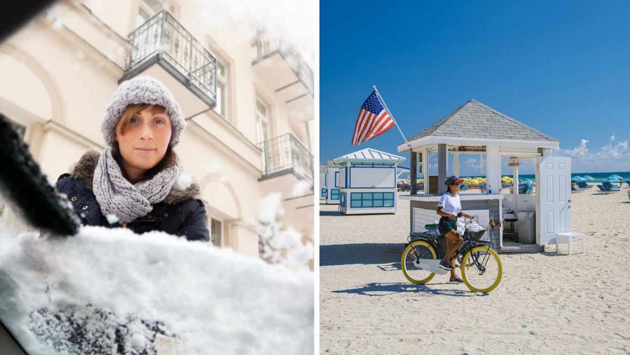 A woman brushing snow off her car. Right: A woman on the beach in Miami.