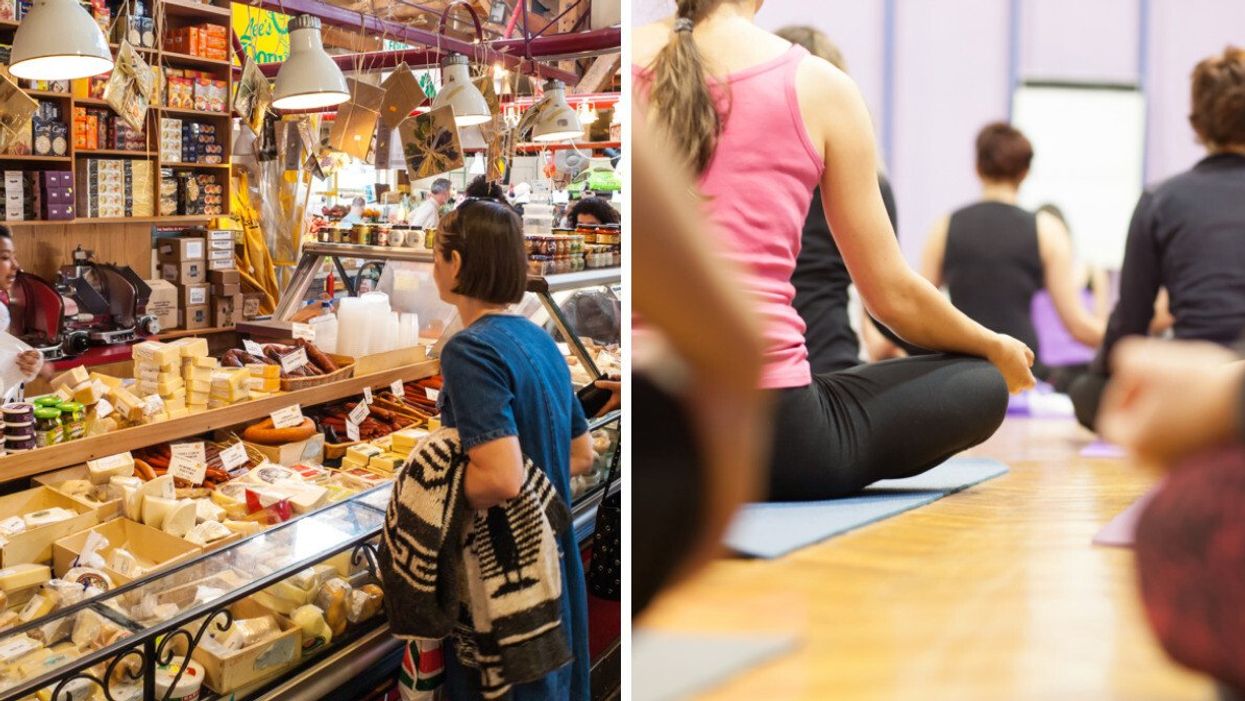 A woman buying cheese at a public market. Right: A group of people sitting on the floor and meditating.