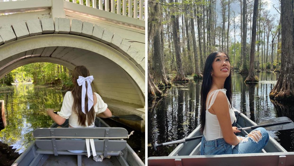 A woman canoes under a bridge tunnel. Right: A woman sitting on a canoe surrounded by tall trees. 