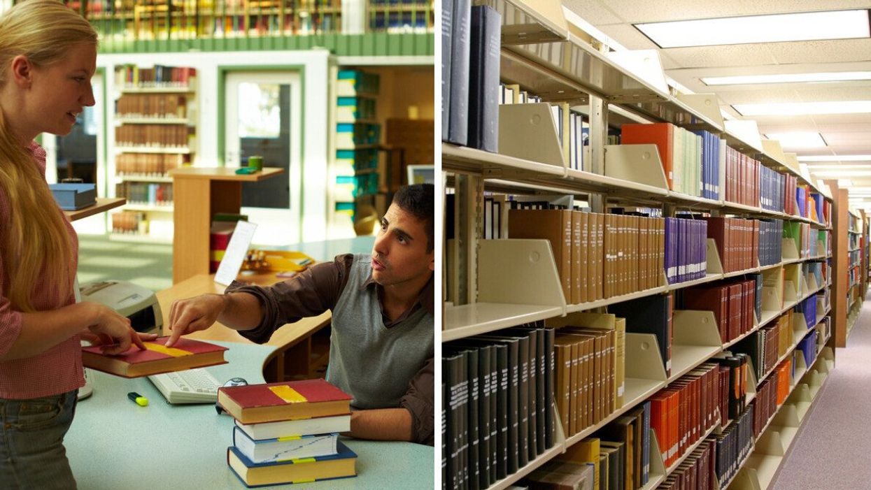 A woman checking out books at a library. Right: A library.