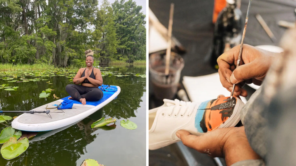 A woman doing paddleboard yoga. Right: A person painting a shoe.