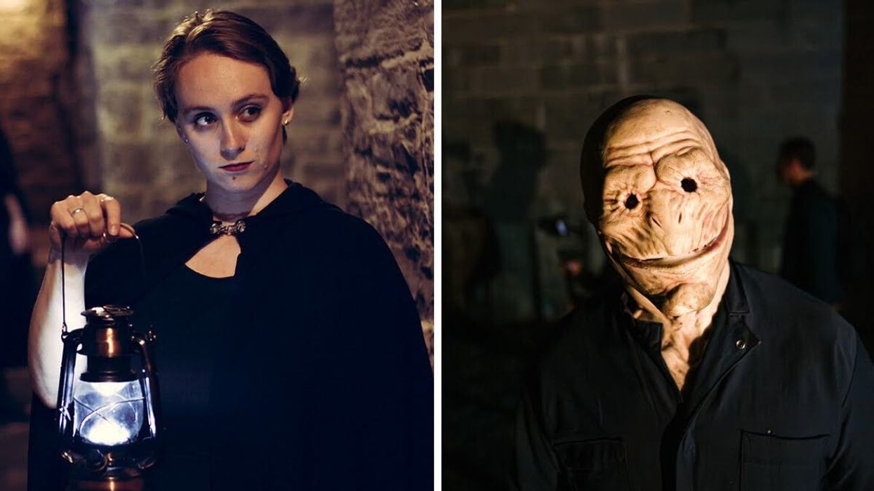 A woman dressed in dark clothing holds a glowing lantern inside a stone-walled cellar, creating a mysterious and eerie atmosphere., Right: A person wearing a disturbing, wrinkled mask with hollow eye holes stands in a dimly lit space, adding a creepy and unsettling effect.