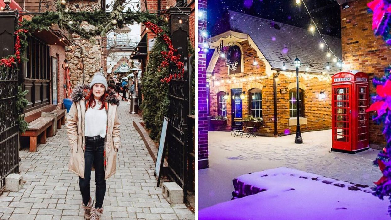 A woman dressed in winter gear. Right: Village Square in Burlington, Ontario.