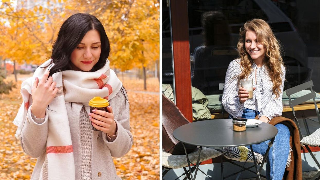 A woman drinking a cafe latte in the fall. Right: A woman drinking coffee at a cafe.